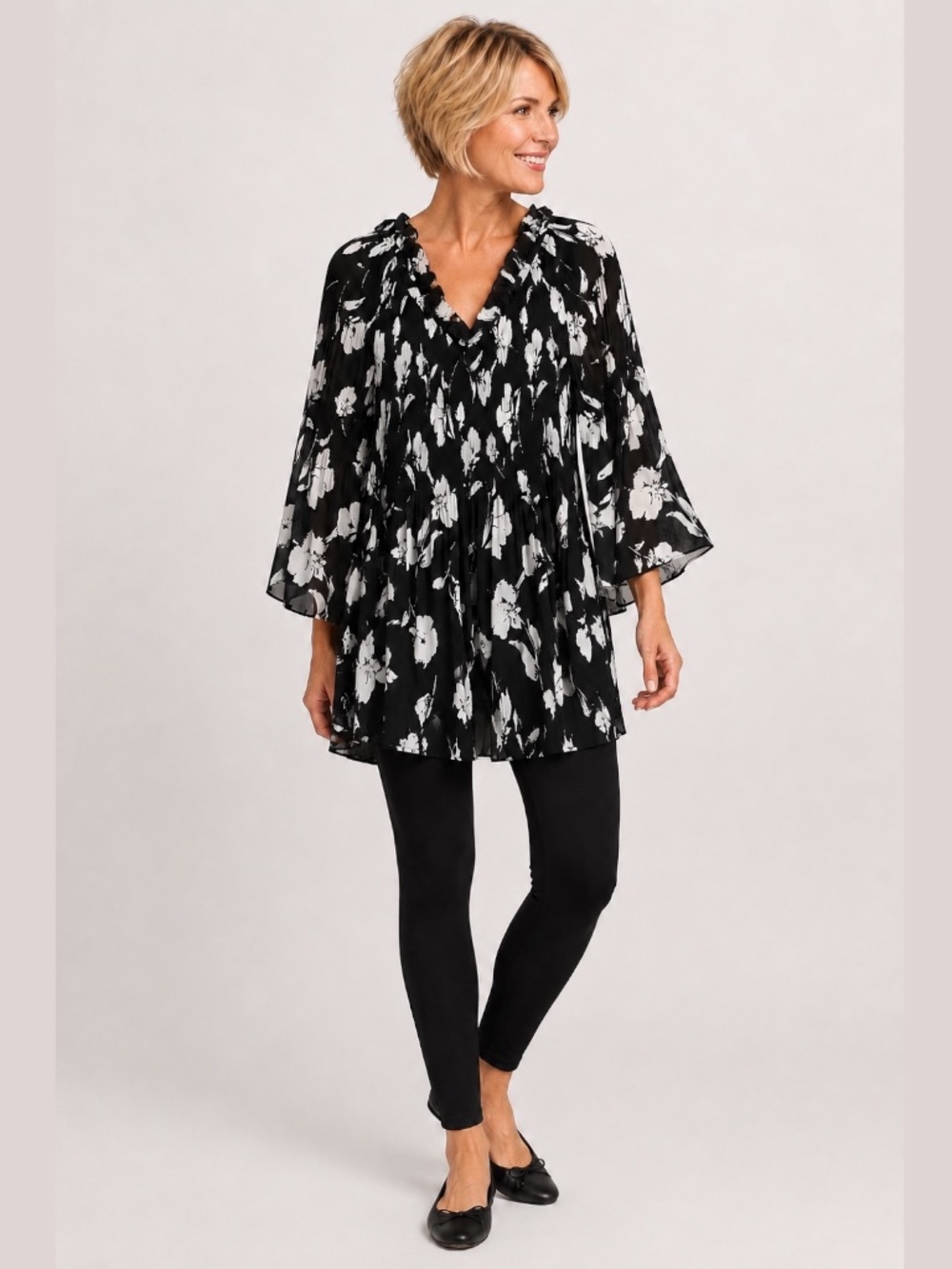 NINETY CLOTHING CO. Poly Chiffon Bell Sleeves Tunic w/ Smocking Pleating Detail